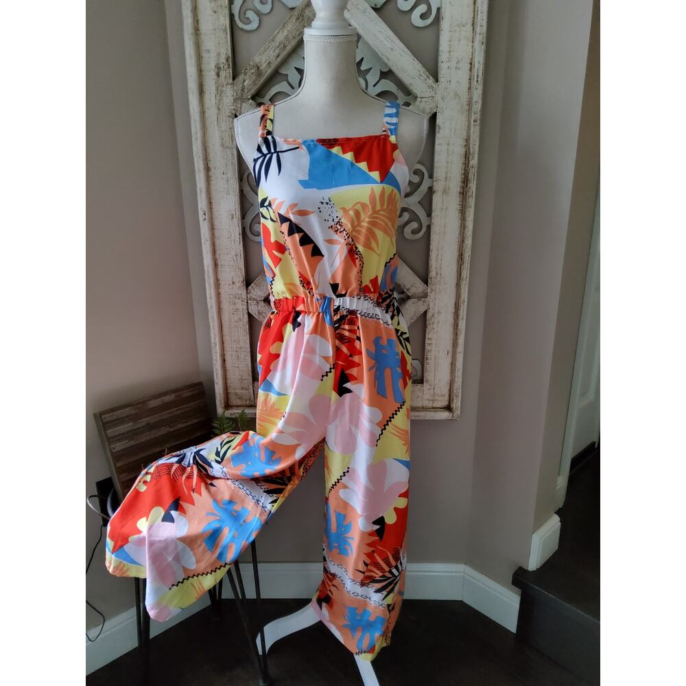 Thread & Story Sleeveless Tropical Abstract Print Wide Leg Jumpsuit Size Large